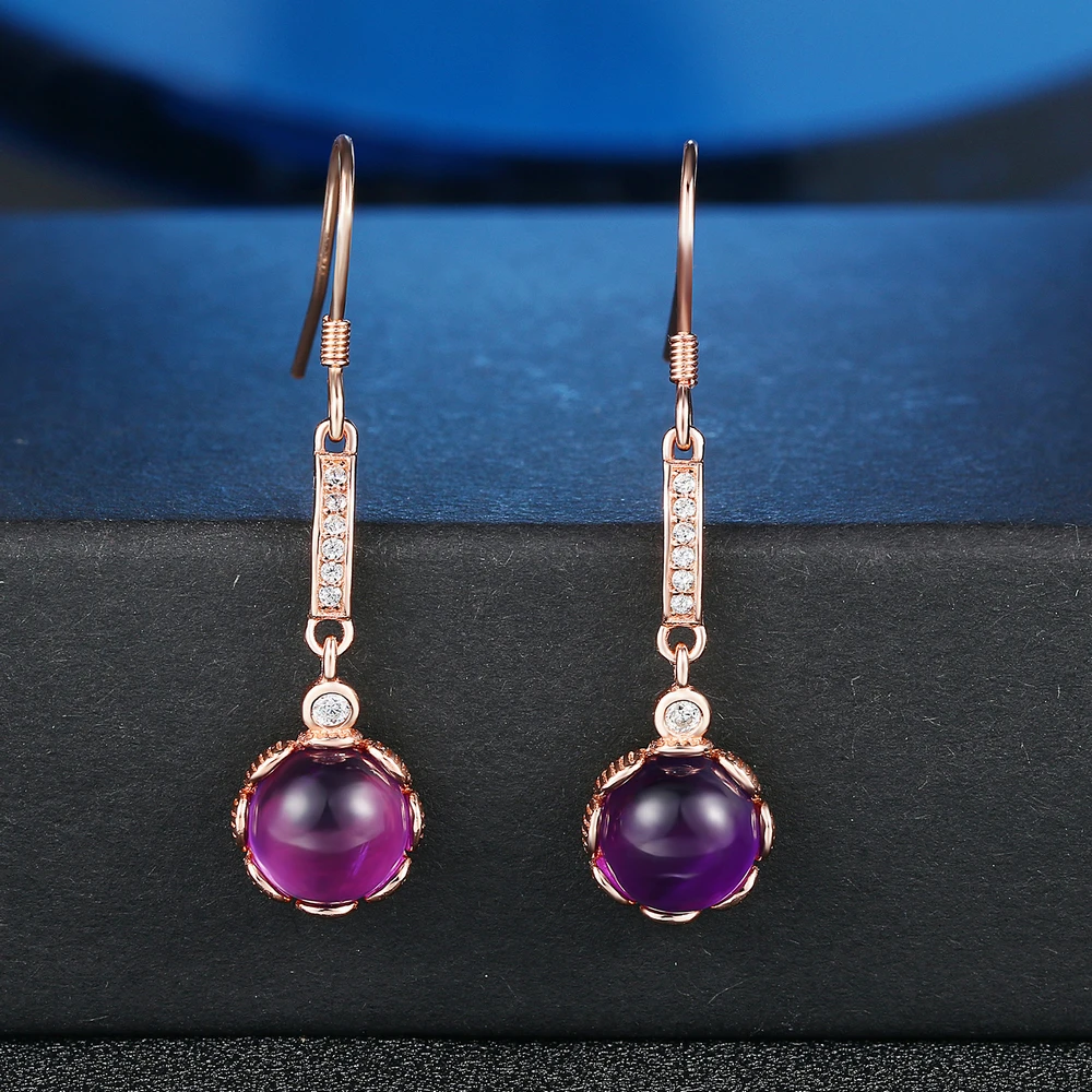LAMOON 8mm 3.3ct 100% Natural Roundness Purple Amethyst 925 Sterling Silver Jewelry Drop Earrings LMEI019
