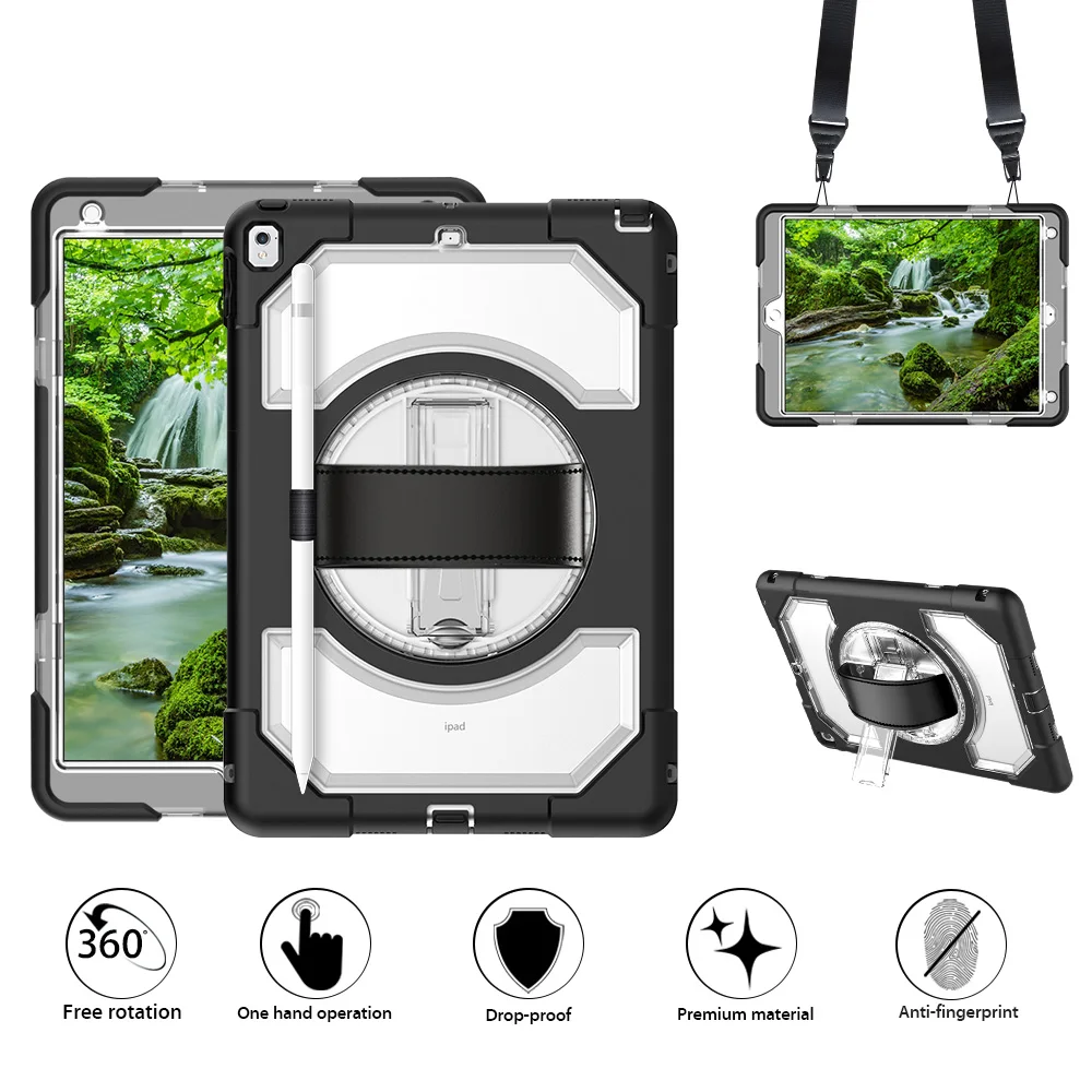 

For iPad Pro 10.5 Tablet Case with Pencil Holder 360 Rotating Shockproof Hand Strap Shoulder Band Silicone Cover FHL01