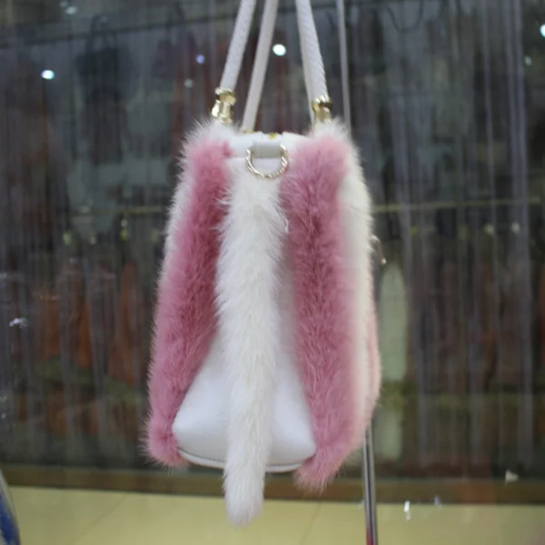 Модная новая кожаная норковая меховая сумка розовая и белая меховая полоска сумка на плечо для женщин