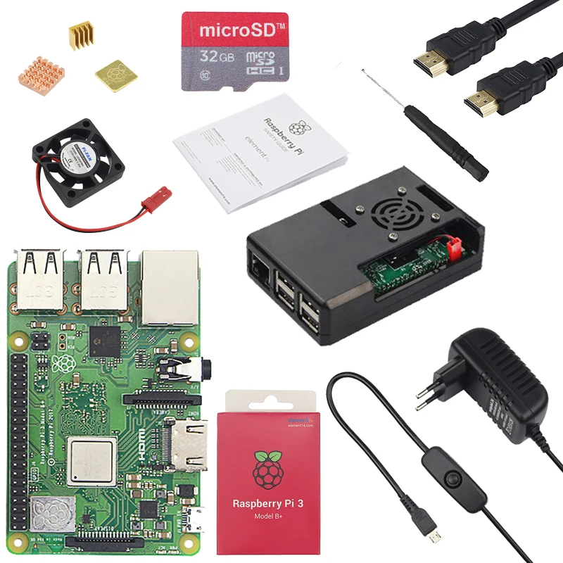 Original Raspberry Pi 3 Model B Plus + ABS Case + CPU Fan + 3A Power with ON/OFF Switch + Heat Sink for Raspberry Pi 3 Model B+