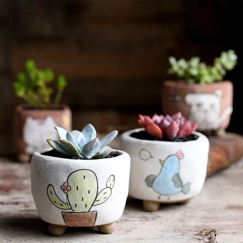 Creative Retro Multi-meat Pot Green Plant Pot Personality Ceramic Pot Grinding Sand Breathable Clay Meat Small Pot