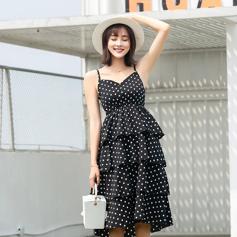

Women summer fashion dot Chiffon strap cascading ruffle dress