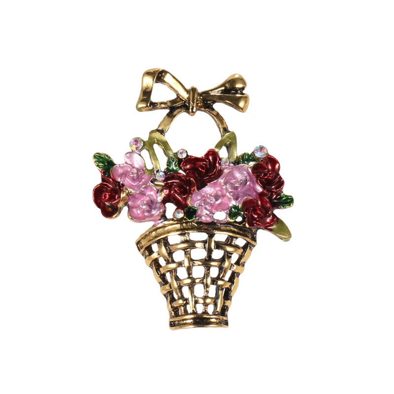 

WEIMANJINGDIAN Brand Antique Gold Color Plated Enameled Metal Flower Basket Brooches