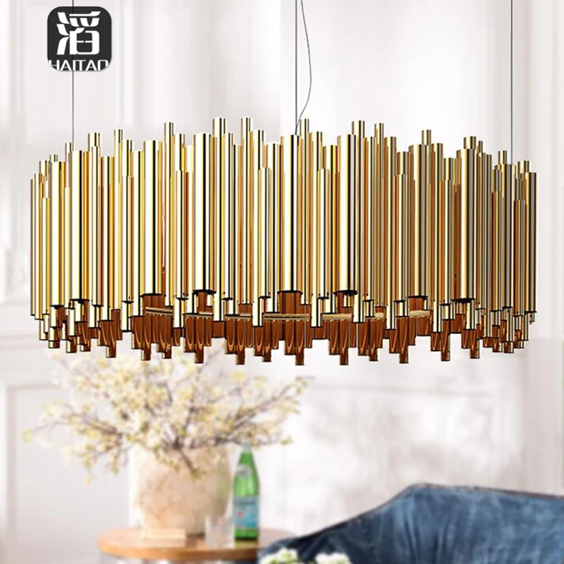 

Modern Minimalist Gold Pipe Disigner Pendant Light For Dining Room Show Room Conference Room Lighting Fixutures
