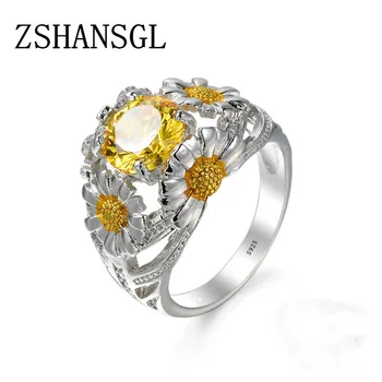

Luxury Female Girl Big Crystal CZ Flower Ring Boho 925 Sterling Silver White Yellow Ring Promise Engagement Rings For Women