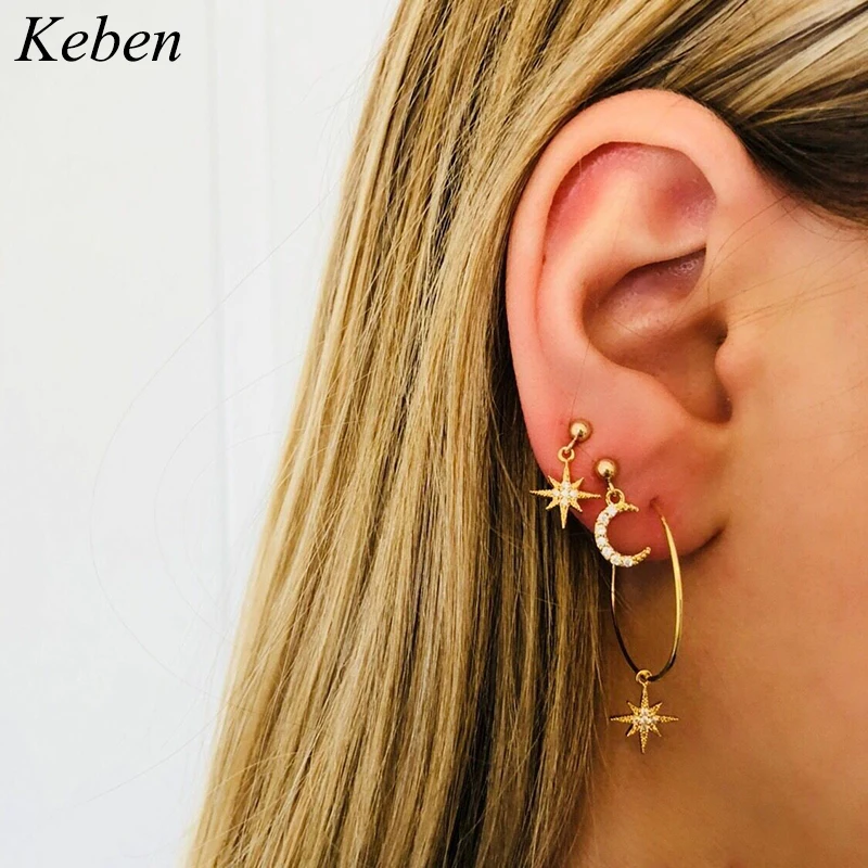 

New Fashion Ladies Crystal Earrings Stars The Moon Ear Ring Combination Suit Popular Joker Accessories Wholesale Round Earrings