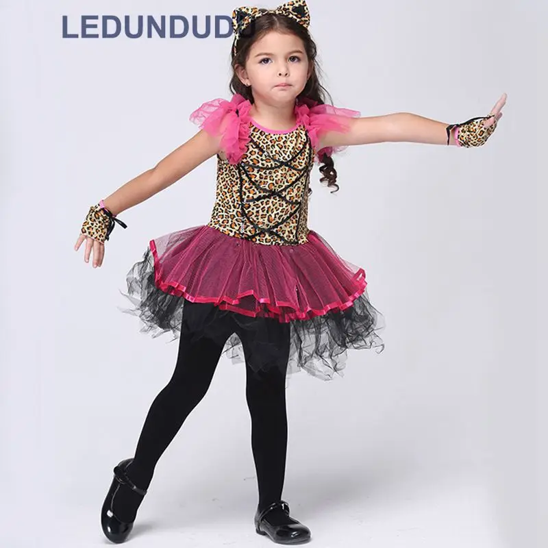 Kids Leopard Tiger Cute Girls Lace Dress Funny Catwoman Cosplay Lovely Cat Children Ballet Dresses Halloween Costumes  (8)