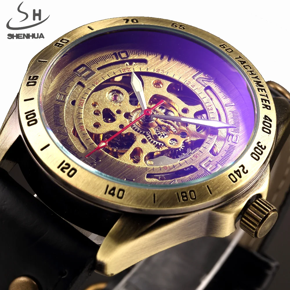 

SHENHUA Luxury Brand Automatic Watch Skeleton Mechanical Watches Men Analog Clock Leather Strap Fashion Casual Male Wristwatch