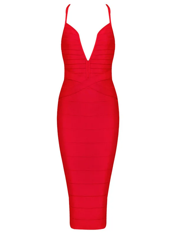

4 Colors Sexy Spaghetti Strap V Neck Knee Length Black Bandage DressBodycon Bandage Dress