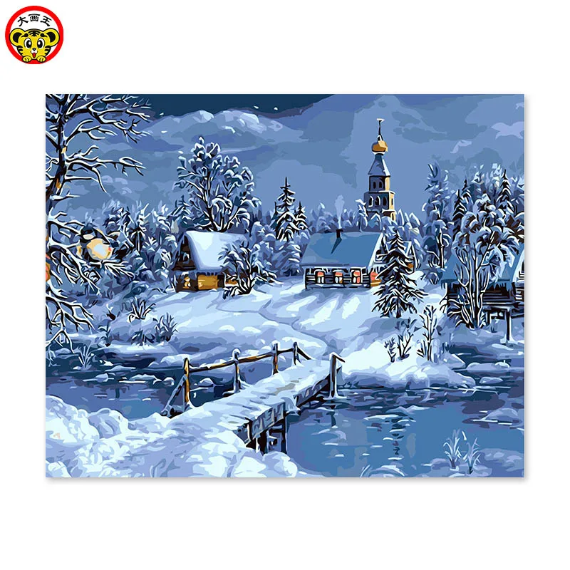 

painting by numbers art paint by number painting, DIY The snow scenery in the dream of , snow mountain and farmhouse mountain