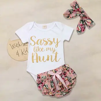 

3Pcs Toddler Baby Girl Summer Clothes Sets Letter Print Tops Romper Floral Shorts Pants Headband Outfits Set Clothes