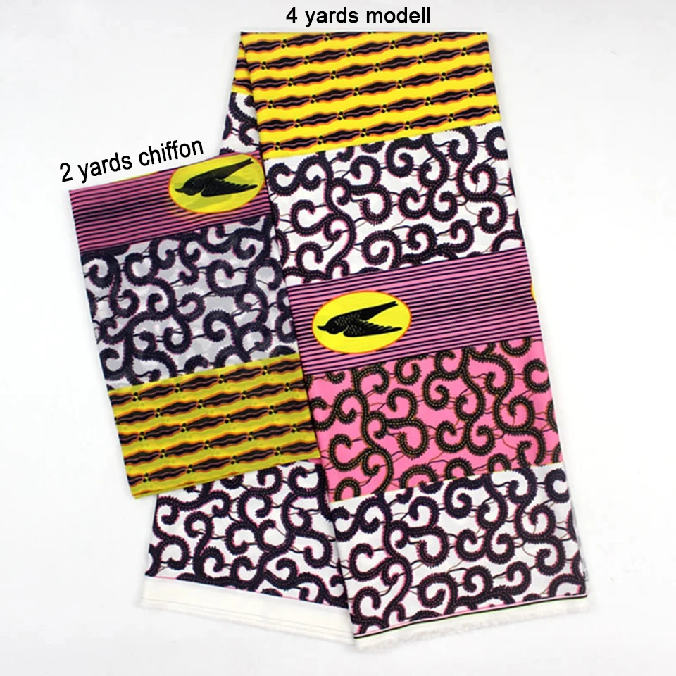 

2 Pcs Set 4 Yards African Ankara Prints Modell Material & 2 Yards Chiffon Ankara Silk/ Chiffon Fabric YBXM-1