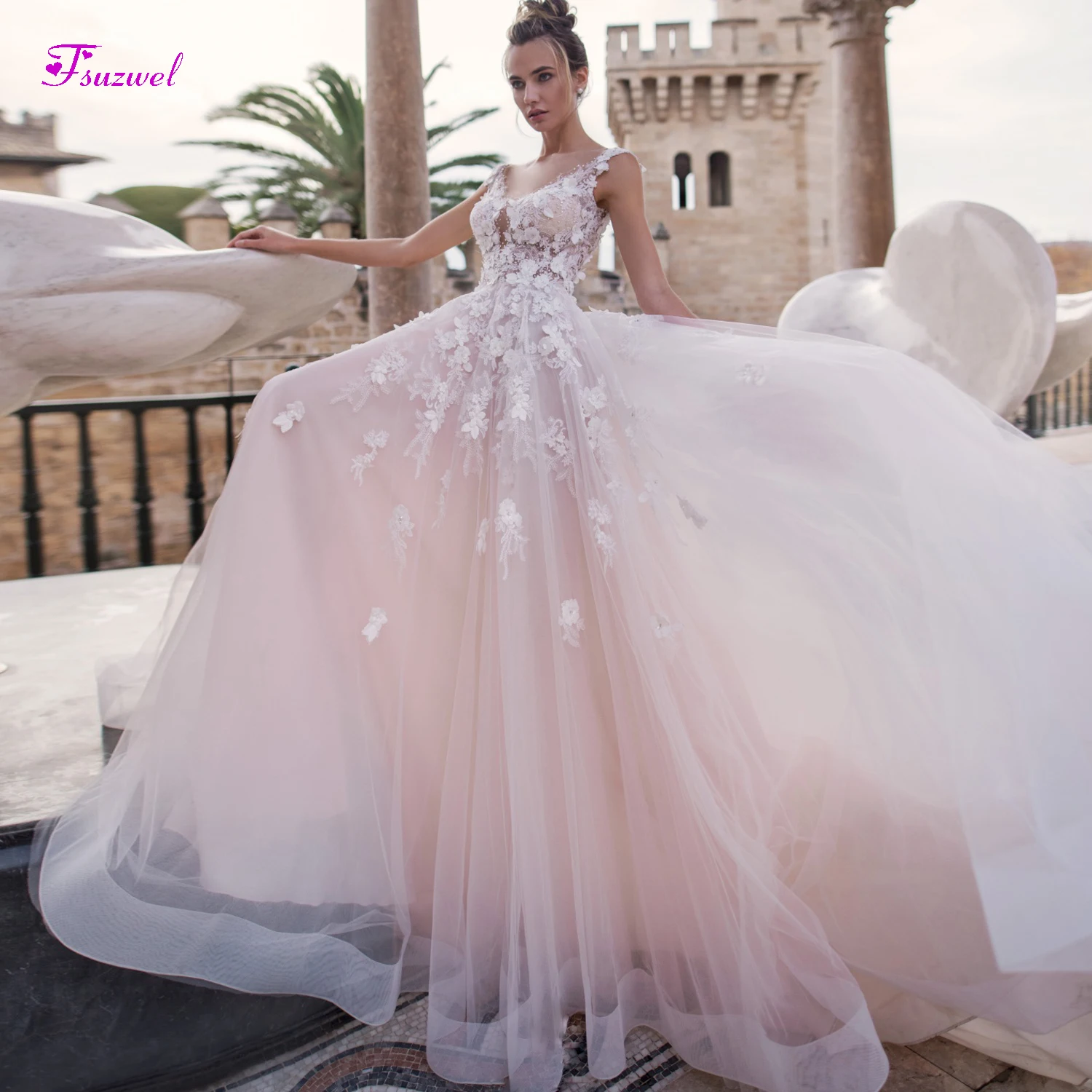 

Fsuzwel Elegant Scoop Neck Appliques Flowers A-Line Wedding Dresses 2020 Luxury Beaded Tank Sleeve Princess Bride Gown Plus Size