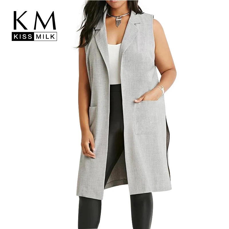 Kissmilk Women Plus Size Side Split Blazer Vests Turn down Collar