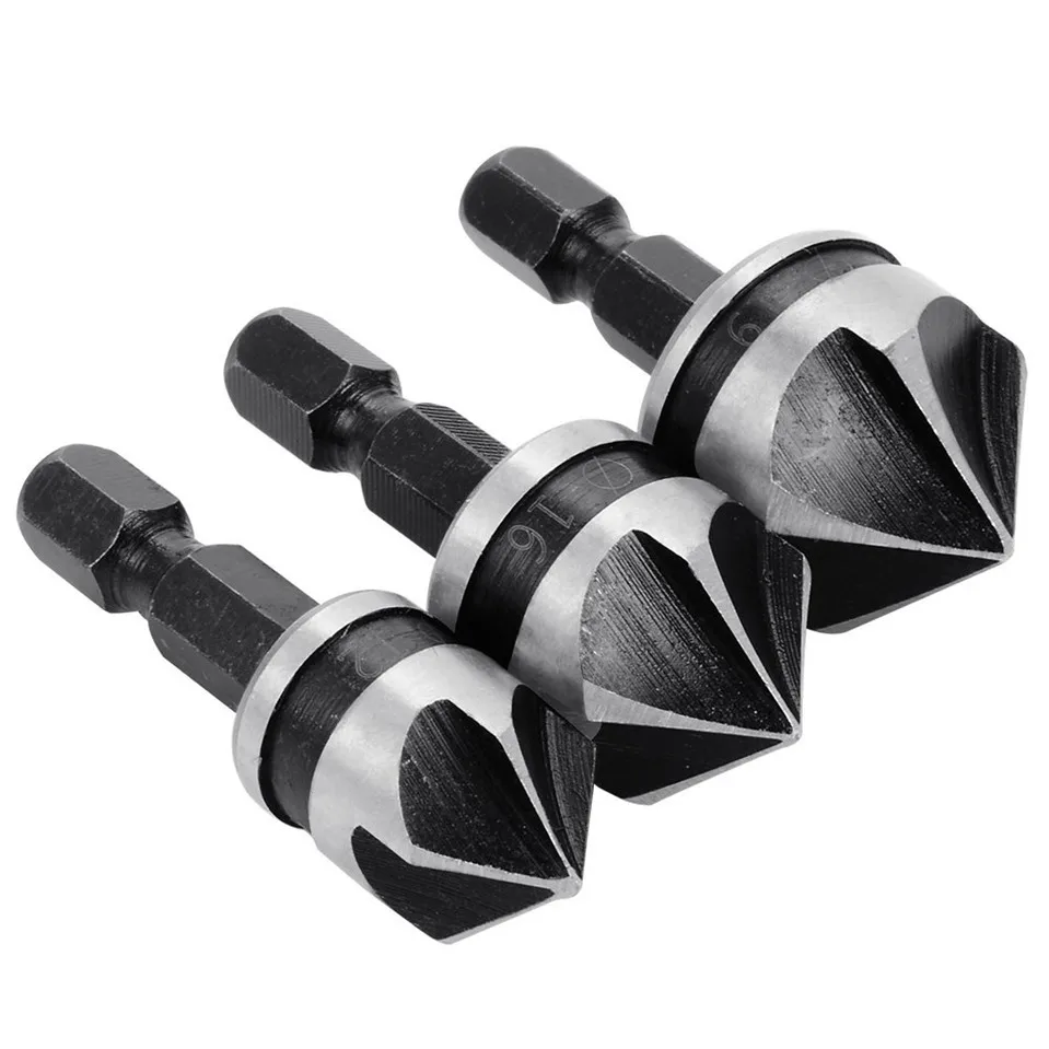  3Pcs/Lot Five Flute 90 Degree Woodworking Chamfer Counter Sinks 12-19mm Chamfering Debur 1/4 Hex Sh