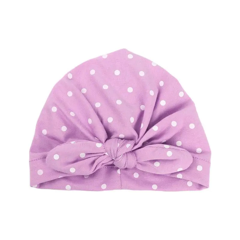 Детская шапочка-тюрбан, однотонная хлопковая детская шапка в горошек, тюрбан, бант для маленьких девочек, шапка, весна-осень, детские шапки, шапочка, Аксессуары для младенцев - Цвет: Light Purple