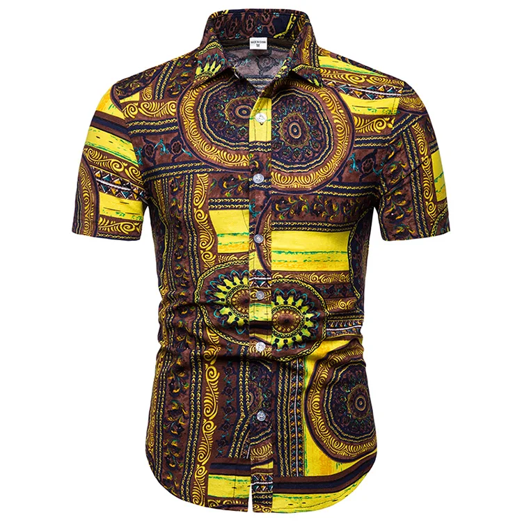 2019 летняя Мужская льняная рубашка с коротким рукавом с цветочным принтом рубашка с лацканами повседневные рубашки Гавайи европейский