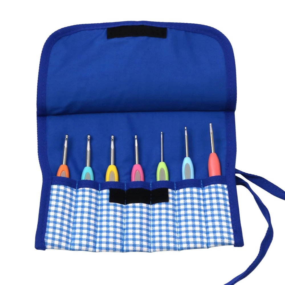 7 Lattice Crochet Hook Bag Blue Plaid Sewing Kit Knitting Crocheting