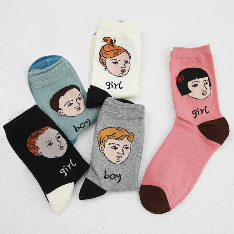 

Women Socks Creative Cartoon Boy Girl Face Picture Lovely Popular Socks Comfotable High Quality Elasticity Sock Meias