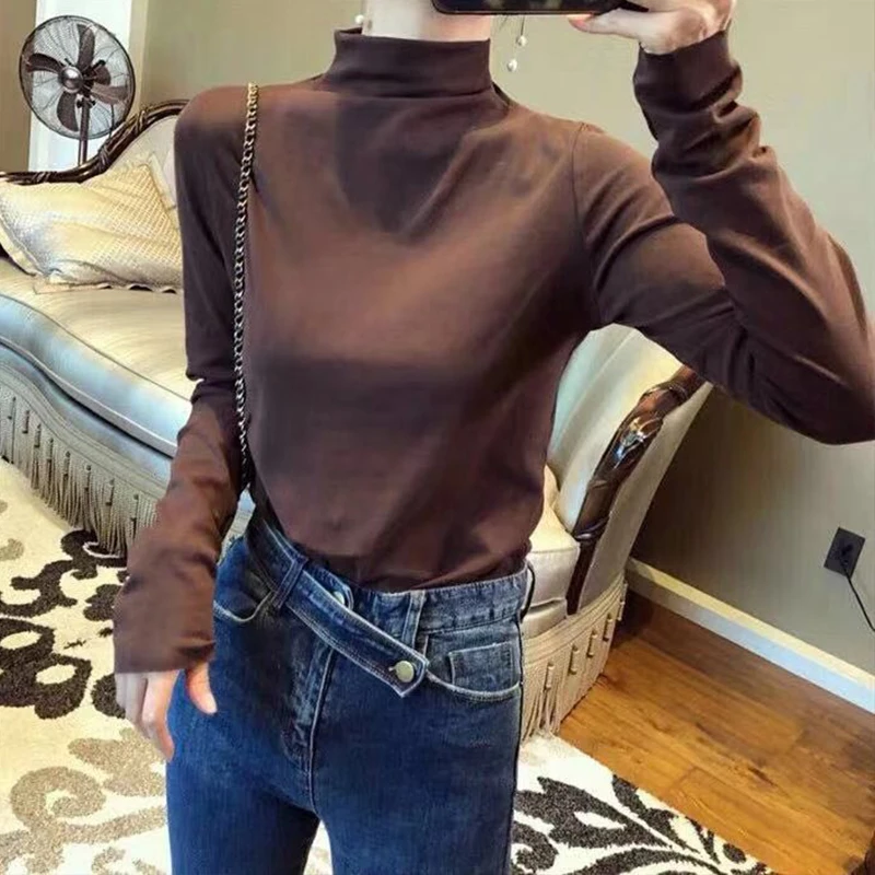 Basic Colorful Turtleneck T shirts Women 2019 Spring Long Sleeve Casual Solid Cotton Tshirt Female Plus Size With Velvet