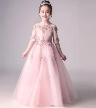 

2019 High Quality Handmade Wedding Dress Long Trailing Dress With Flower Backless Jacquard Party Dresses Fancy Kids Clothes