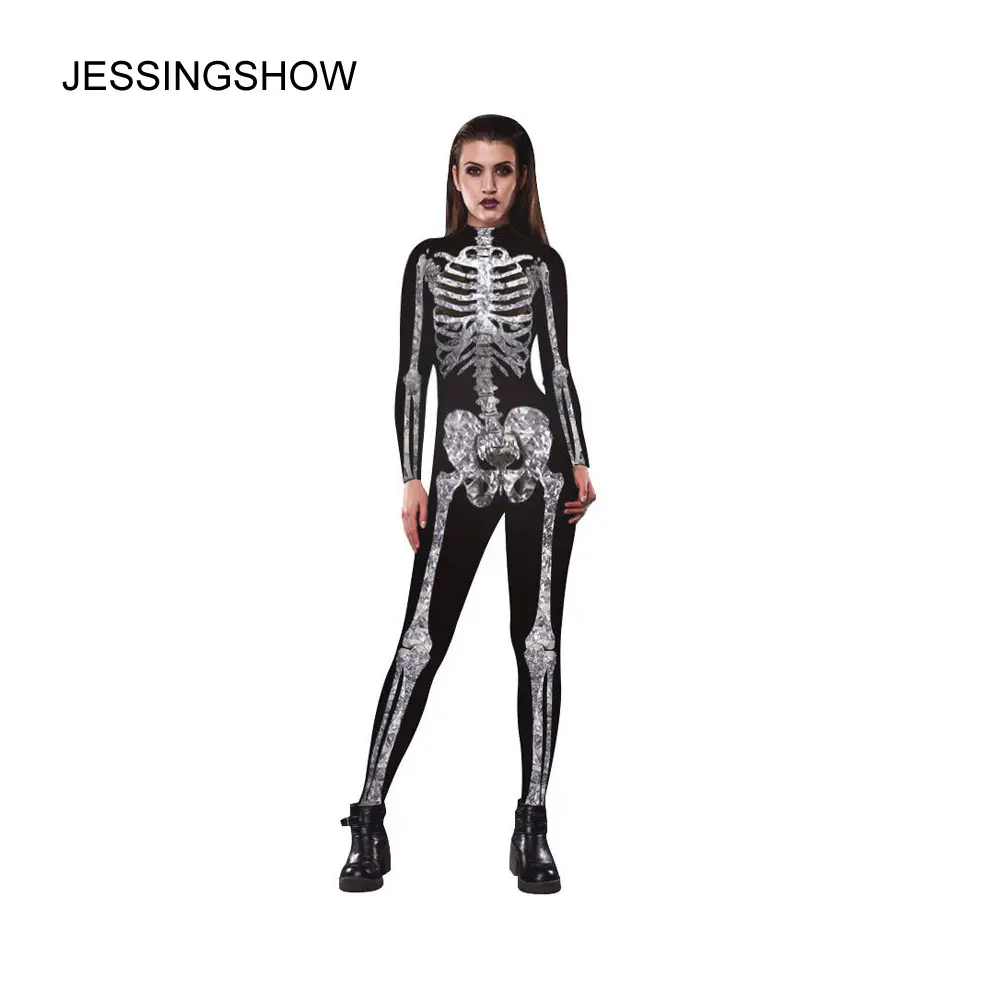 JESSINGSHOW Long Black Halloween Skull Jumpsuits Womens Sexy Jumpsuit