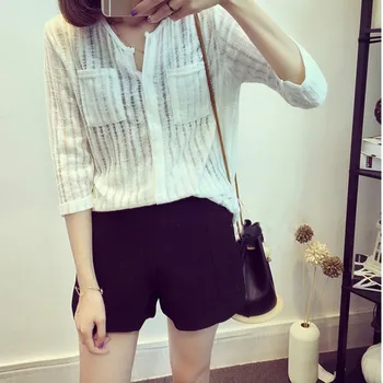 

Women Cotton Flax V neck Blouse Female Thin There Quarter Striped Blouse