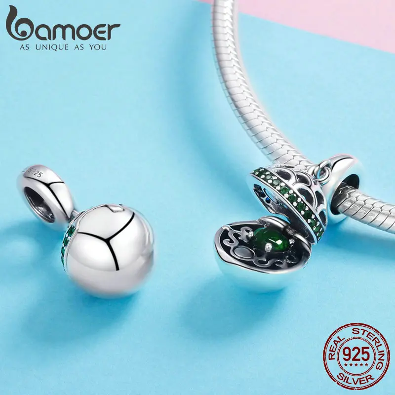 BAMOER 100% 925 Sterling Silver Love Gift Box Dangle Ball Charm Green CZ Charms Fit Bracelets & Necklaces DIY Jewelry SCC689-LB