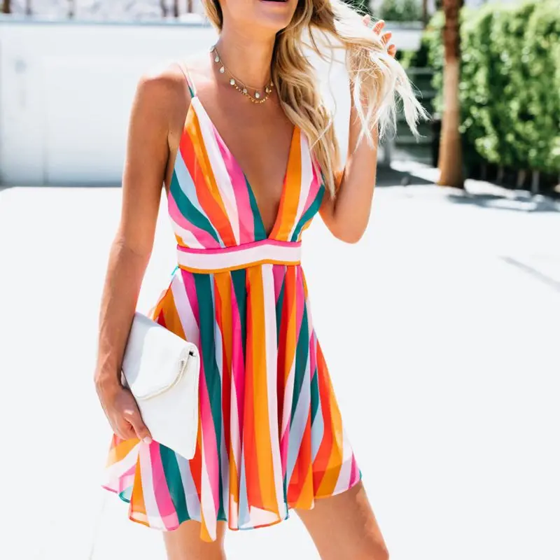 

Women Sleeveless Sexy Deep V-Neck Backless Mini Flowy Dress Rainbow Colorful Patchwork Stripes Bohemian Beach Party Sundress