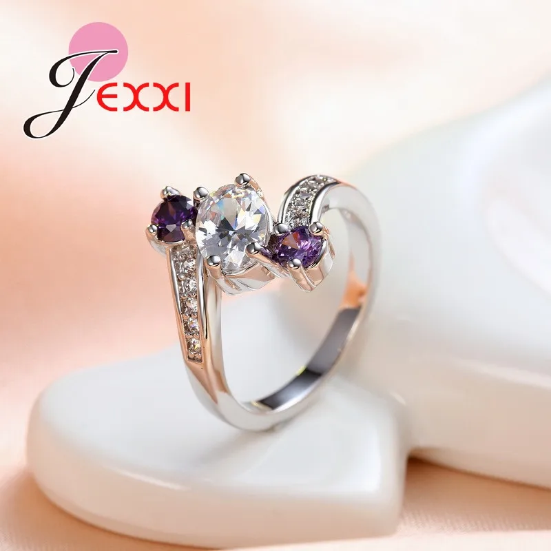 GIEMI High Quality Flower Shape Geometric Pattern Purple Crystal Ring for Female Engagement Wedding Ring 925 Sterling Silver