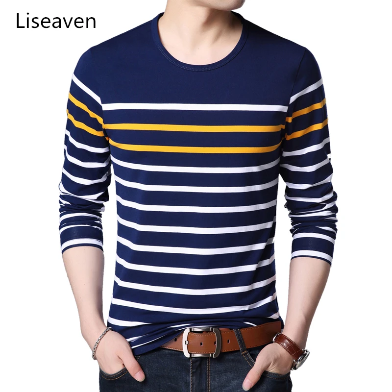 

Liseaven Men's Cotton T-Shirts Striped Tshirt Long Sleeve T Shirt O-Neck Shirt Men Clothing