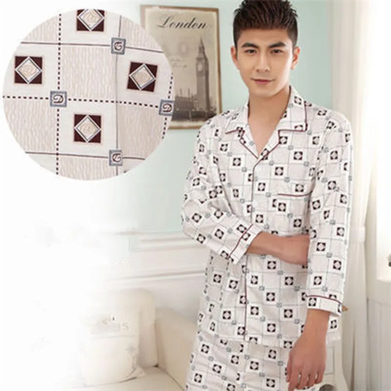 

100% Cotton Men Pajamas Set Long Turn-Down Collar Shirt Pants 2Piece/Set Man Plaid Pocket Pyjama Home Sleepwear Big Size