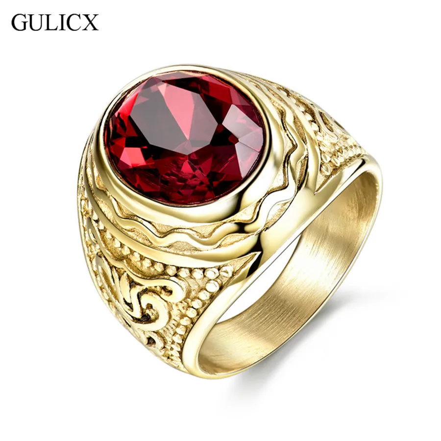 

GULICX New Fashion Gold-color Big Band Stainless Steel Ring for Men Punk Garnet Red Oval Cut CZ Zirconia Crystal Jewelry BR162