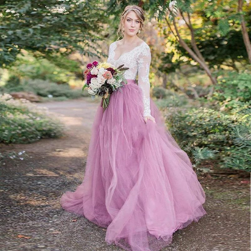 Sweet Pink Wedding Dresses V Neck Long Sleeves Lace Tulle Floor Length Garden Wedding Gowns Bridal Dresses