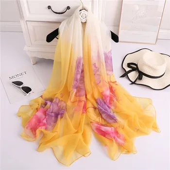 

Two-color Gradient Silk Scarf for Women 2020 New Fabric Thin Shawls and Wraps Large Travel Pashmina Lady Floral Print Scarves