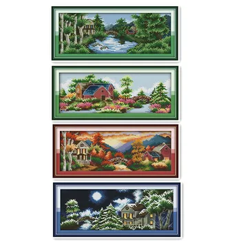 

Four Seasons scenery 11CT 14CT cross stitch kit, beautiful castle embroidery spring, summer, autumn and winter paintings