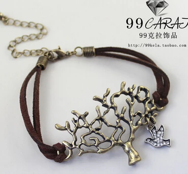 

Promotion Vintage Personalized European Style Bronze Color Originality Tree Bird Hollow Leather Bracelet B1243