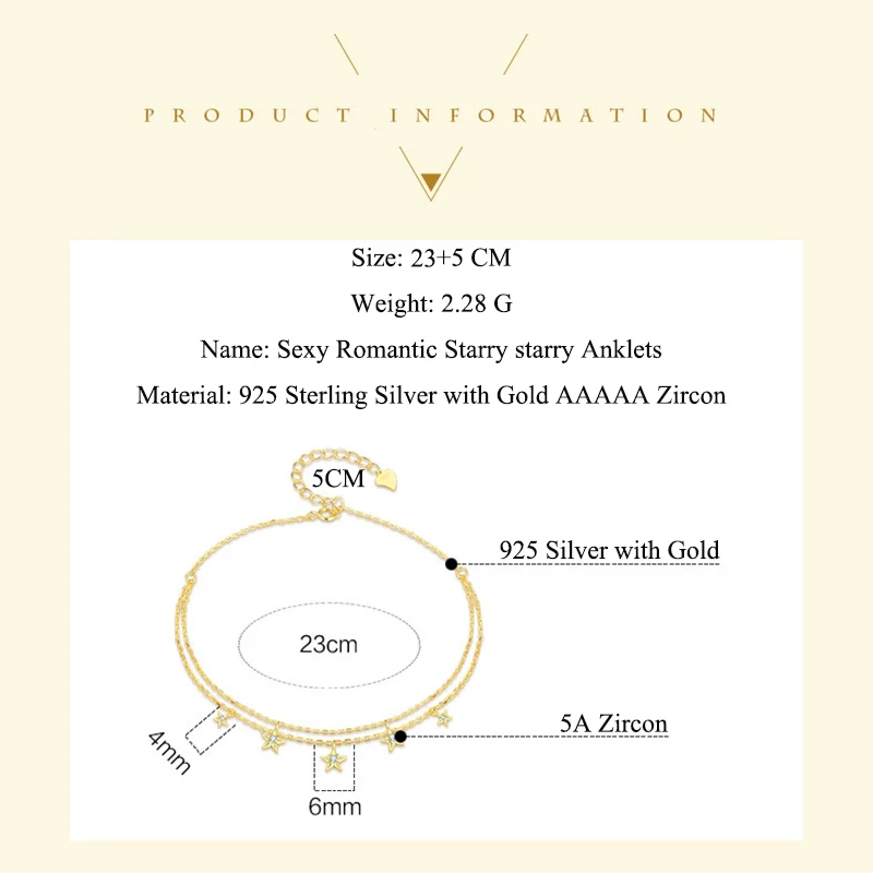 Fine Jewelry 100% 925 Sterling Silver Summer Ankle Bracelet Gold Anklet Elegant Star Foot Leg Chain Charm for Women Gift (9)