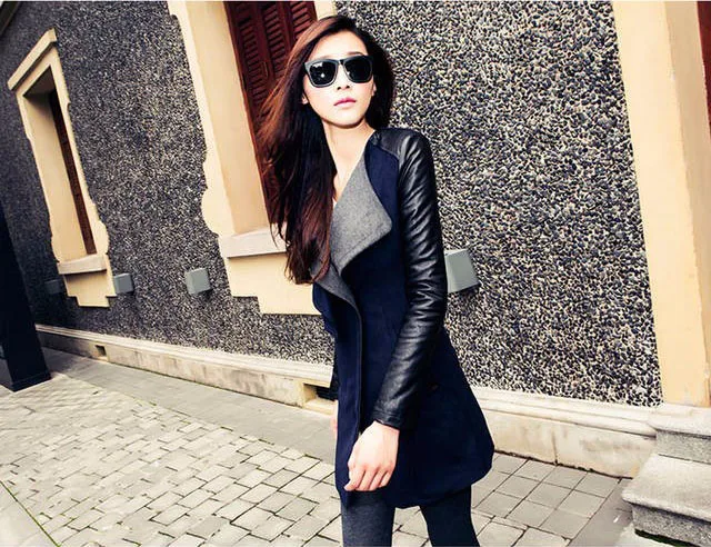 Весенне-осенне-зимнее высококачественное корейское пальто Hitz с отстрочкой из цветной шерсти PU женское тонкое длинное шерстяное кашемировое пальто черного, серого и синего цвета