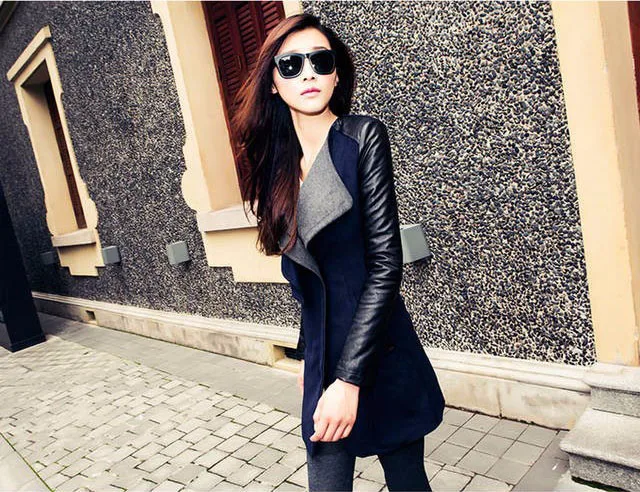 

Spring autumn winter high quality Korean Hitz stitching color wool PU coat female slim long wool cashmere coat black gray blue