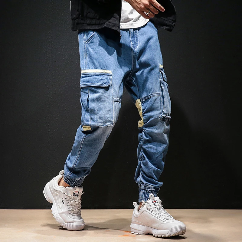 

Men Vintage Fashion Patchwork Denim Pant Streetwear Hip Hop Cargo Pant Male Jeans Harem Trousers