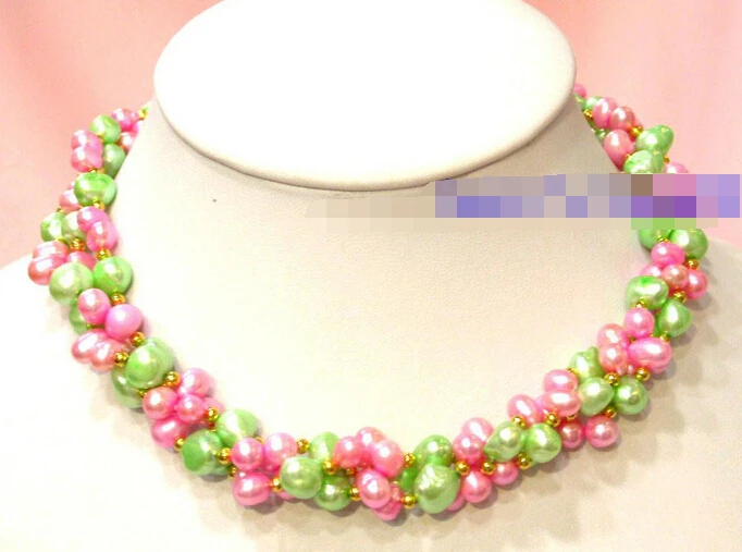 

FREE SHIPPING>>>@@ AS4443 3strands 7-8mm green and pink pearl necklace