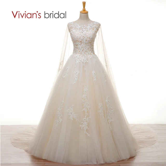 Vivian S Bridal Crystal Pearl White Lace Champagne Wedding Dress Vivian S Bridal Crystal Pearl White Lace Champagne Wedding Dress Long Cape A Line 2018 Gown