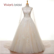 Vivian’s Bridal Crystal Pearls White Lace Champagne Wedding Dress with Long Cape A Line Wedding Gown W3501