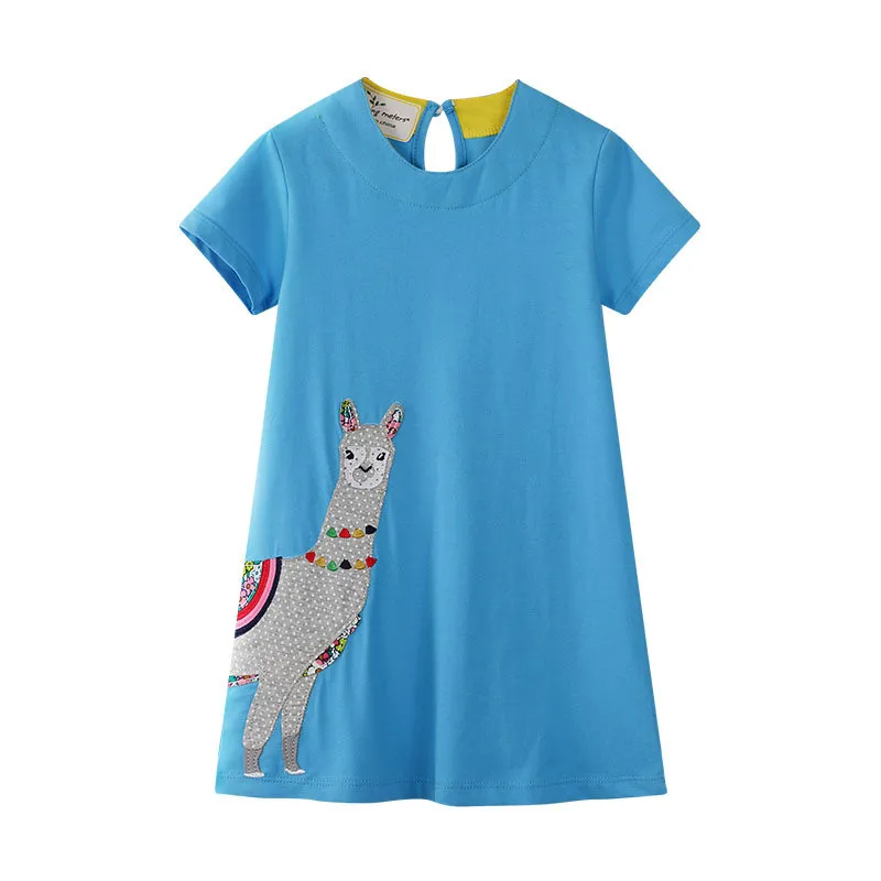 

Jumping meters cartoon summer baby girls dress applique a cute Alpaca short sleeves clothing girls hot selling cotton clothes