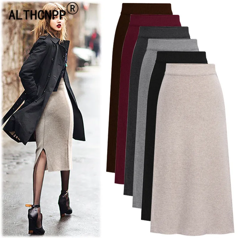 Goede Plus Size M 6XL Winter Gebreide Bodycon Kokerrok Hoge Taille Rokken Womens Streetwear Split Lange Rok Vrouwelijke Faldas Mujer