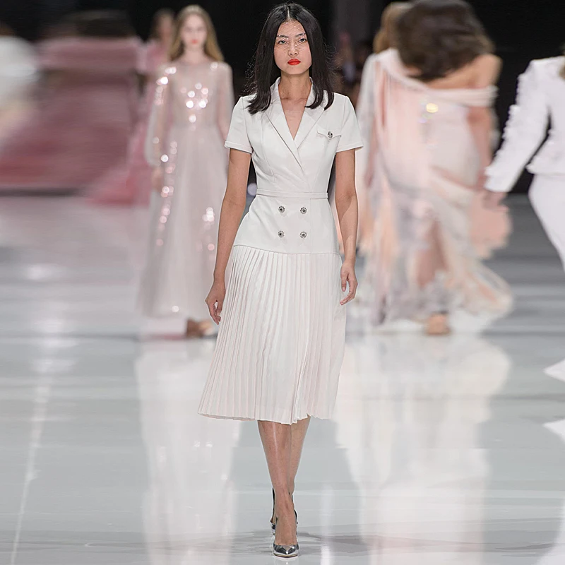 

Official Occasion White Occupation Commuter Women 2019 Summer New Italian Designer Fashion Suit Collar Pleated Retro Midi Dress