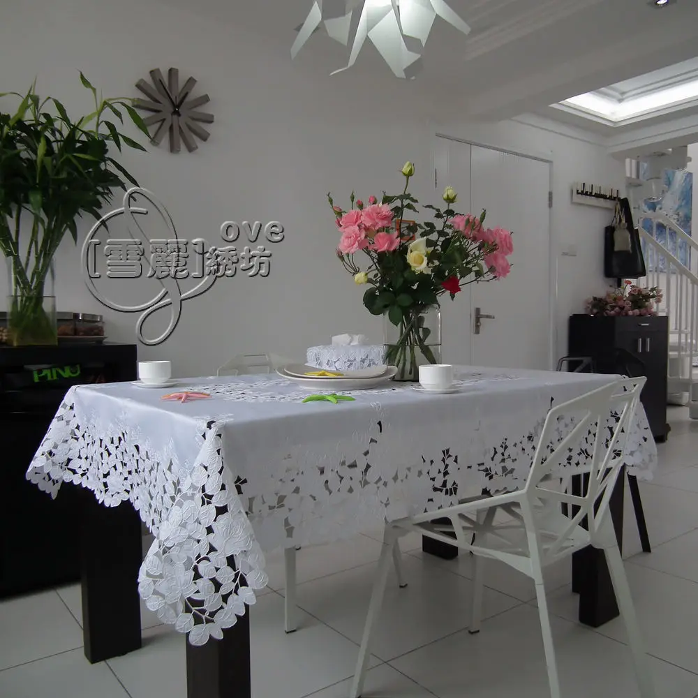 

Rustic cloth embroidery dining table cloth big table cloth tablecloth table mat cutout cover towel white rose
