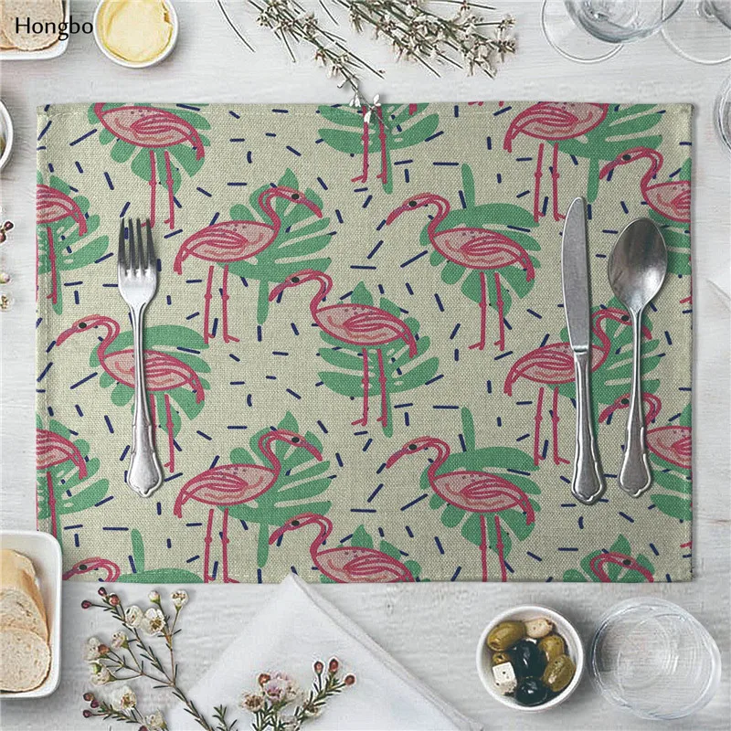 Linen Placemat Flamingo Tropical Plants Pattern Dining Table Mat Cloth Table Napkins for Wedding Kitchen Coffee Cup Mat Party De
