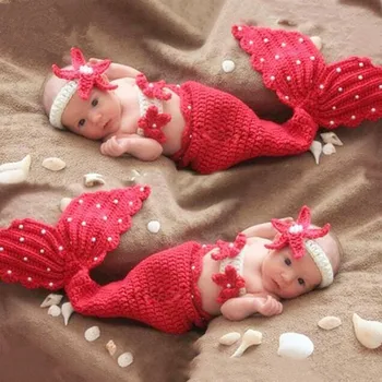 

Newborn Baby Girl Clothing Set Pearls Kintted Mermaid Novelty Photography Props Knitted Infant Costume 0-3M Red
